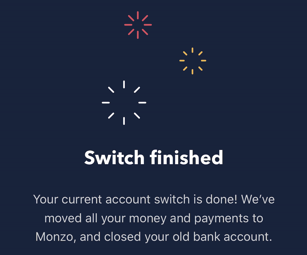 Switch finished page inside the Monzo app