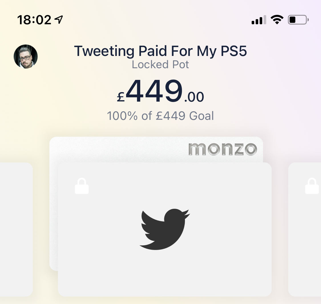 Image the monzo savings pot being 100% complete inside the iOS app